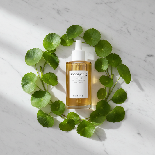 SKIN1004 Centella Ampoule botanical flatlay with centella leaves