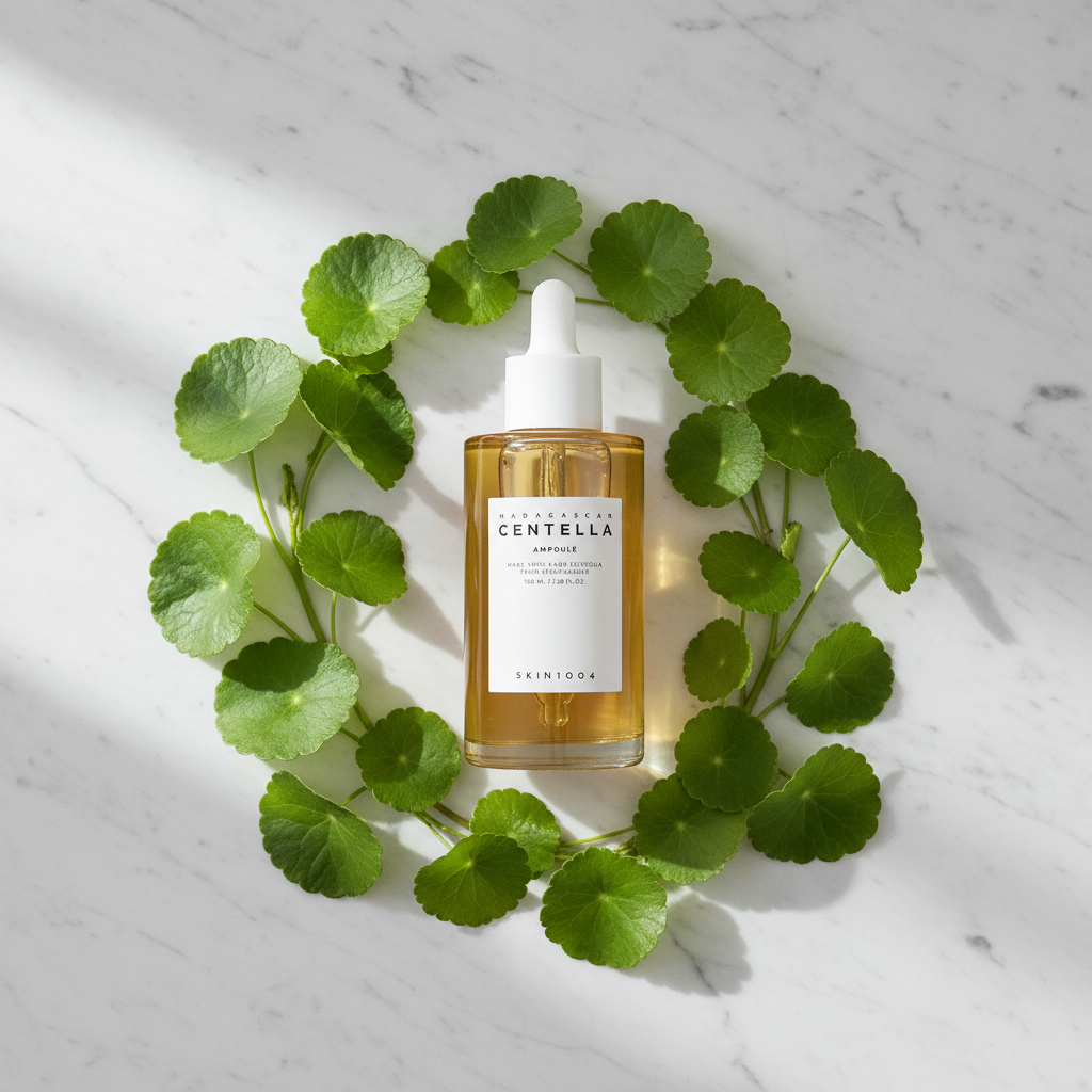 SKIN1004 Centella Ampoule botanical flatlay with centella leaves